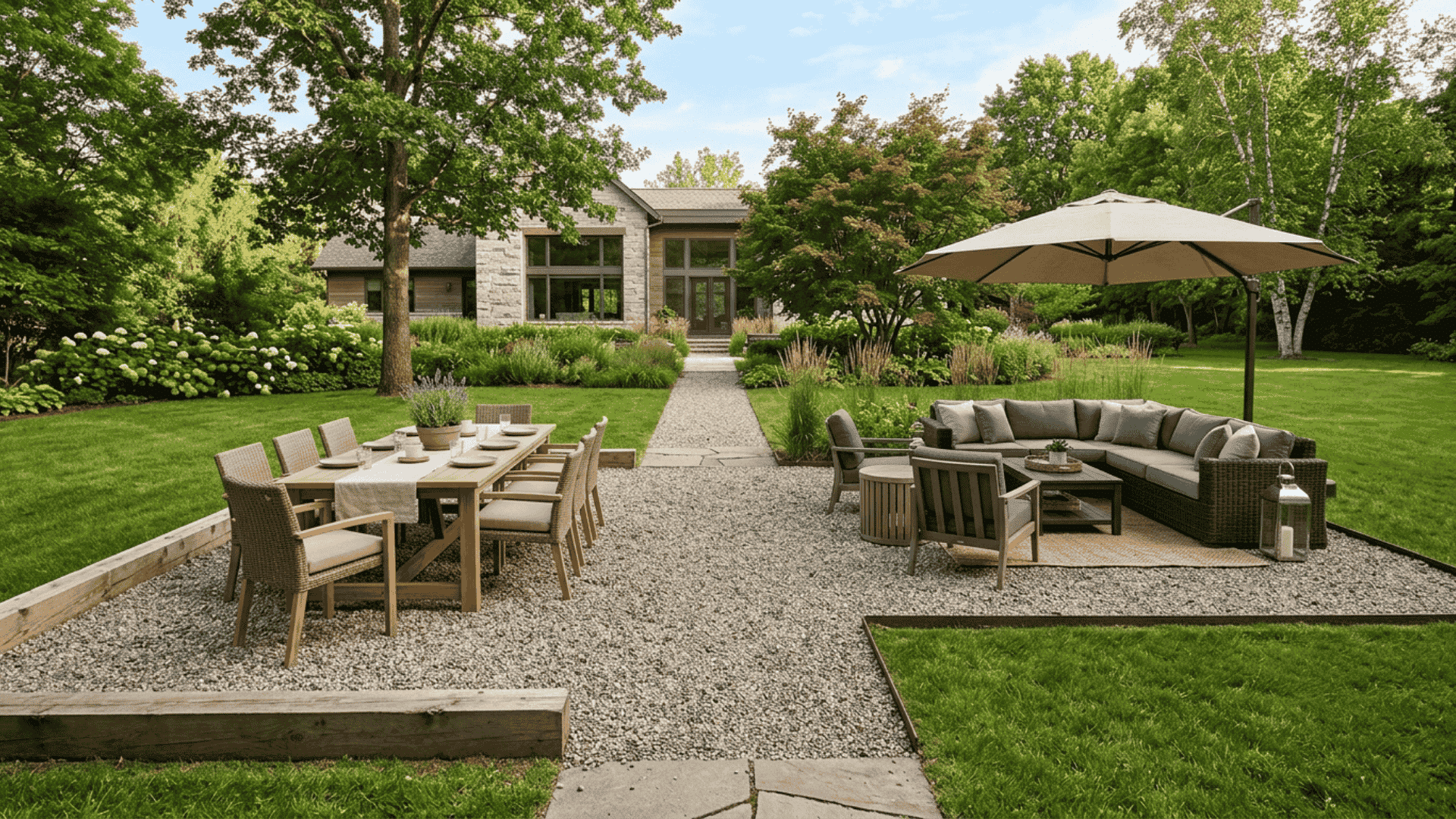 multi zone gravel patio layout divided into separate dining and lounge areas using different edging materials