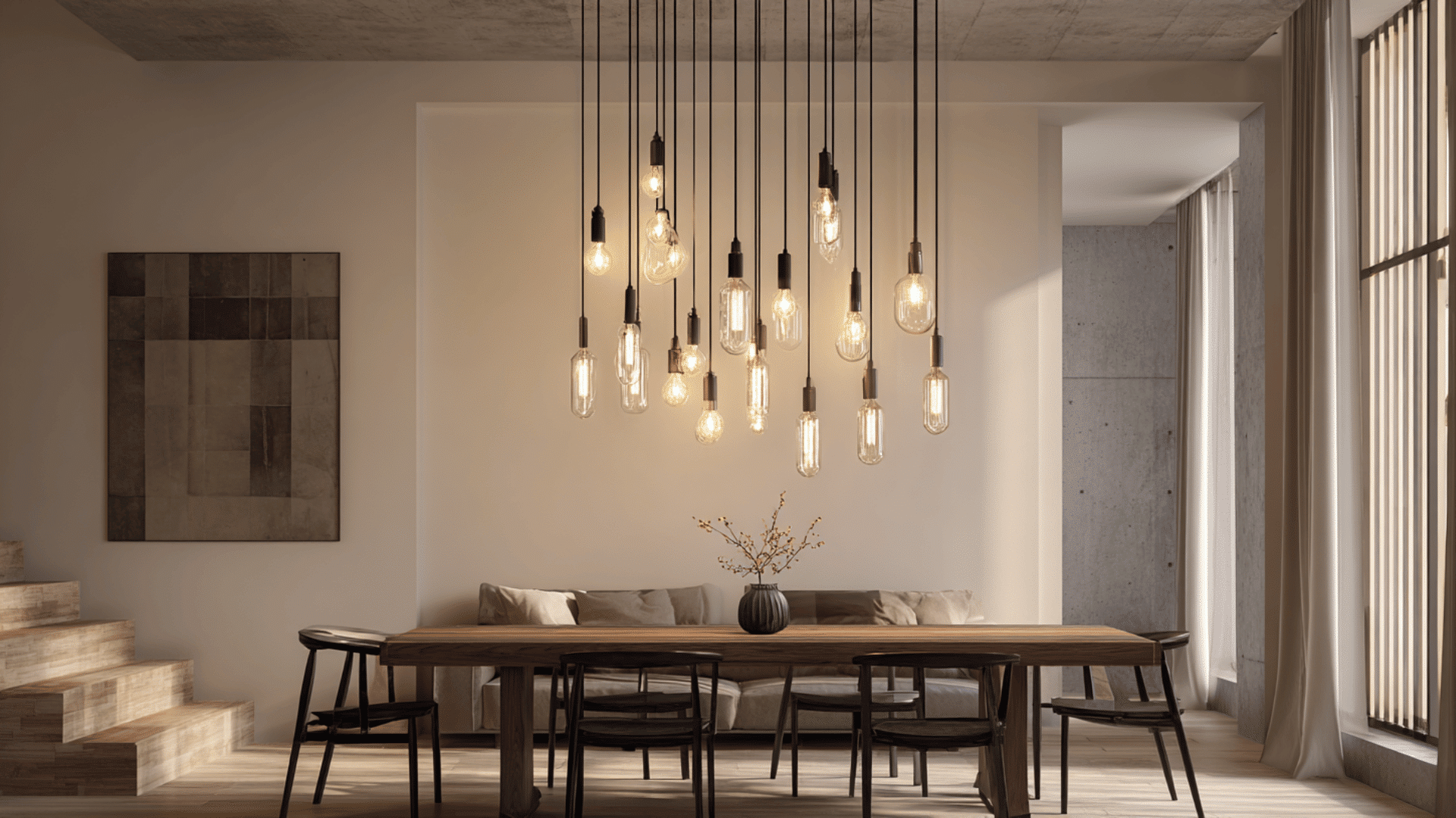 multiple pendant lights grouped above dining table creating layered lighting effect