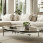 multiple types of tables in modern home interior, empty surfaces, wide view, clean and minimal layout