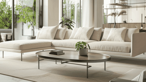 multiple types of tables in modern home interior, empty surfaces, wide view, clean and minimal layout