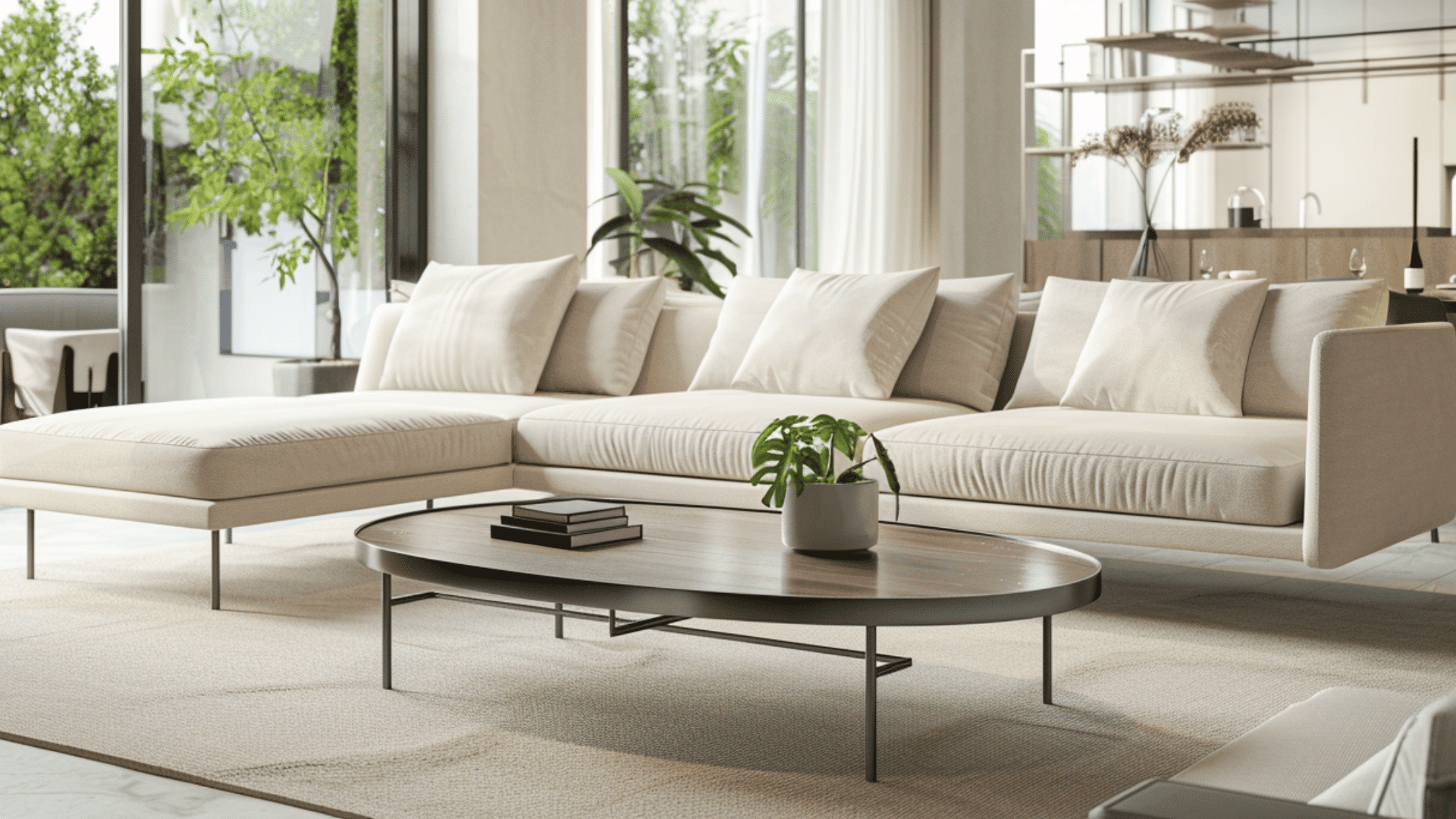 multiple types of tables in modern home interior, empty surfaces, wide view, clean and minimal layout