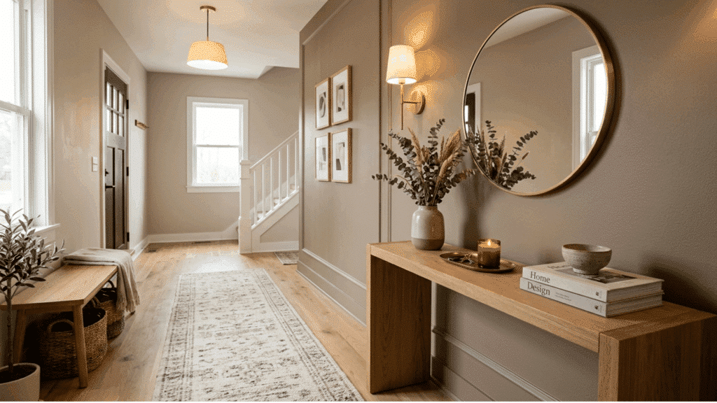 mushroom taupe entryway with wooden console table, neutral rug, and warm lighting