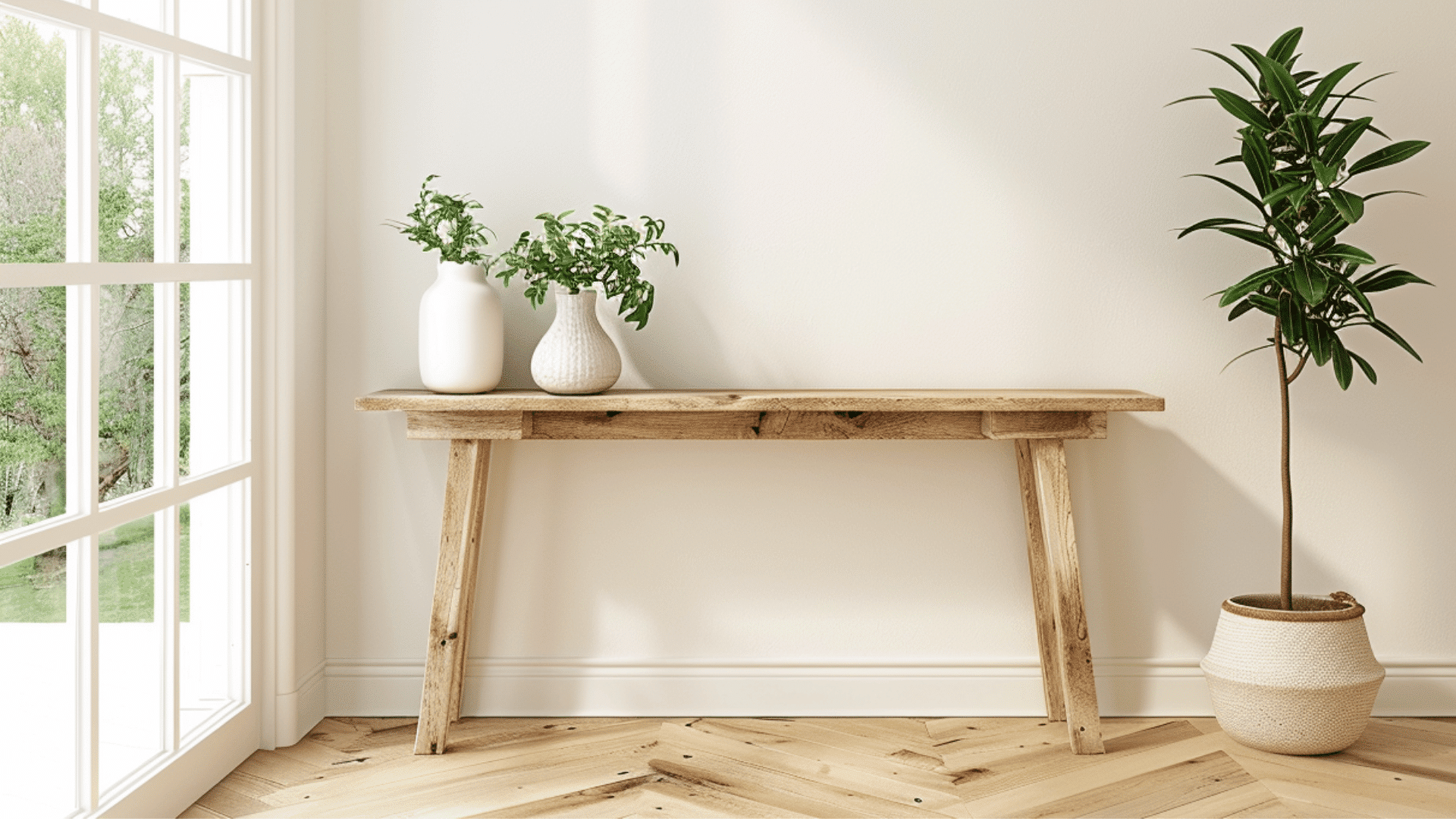 narrow console table placed against wall in entryway, empty surface, wide view, clean hallway