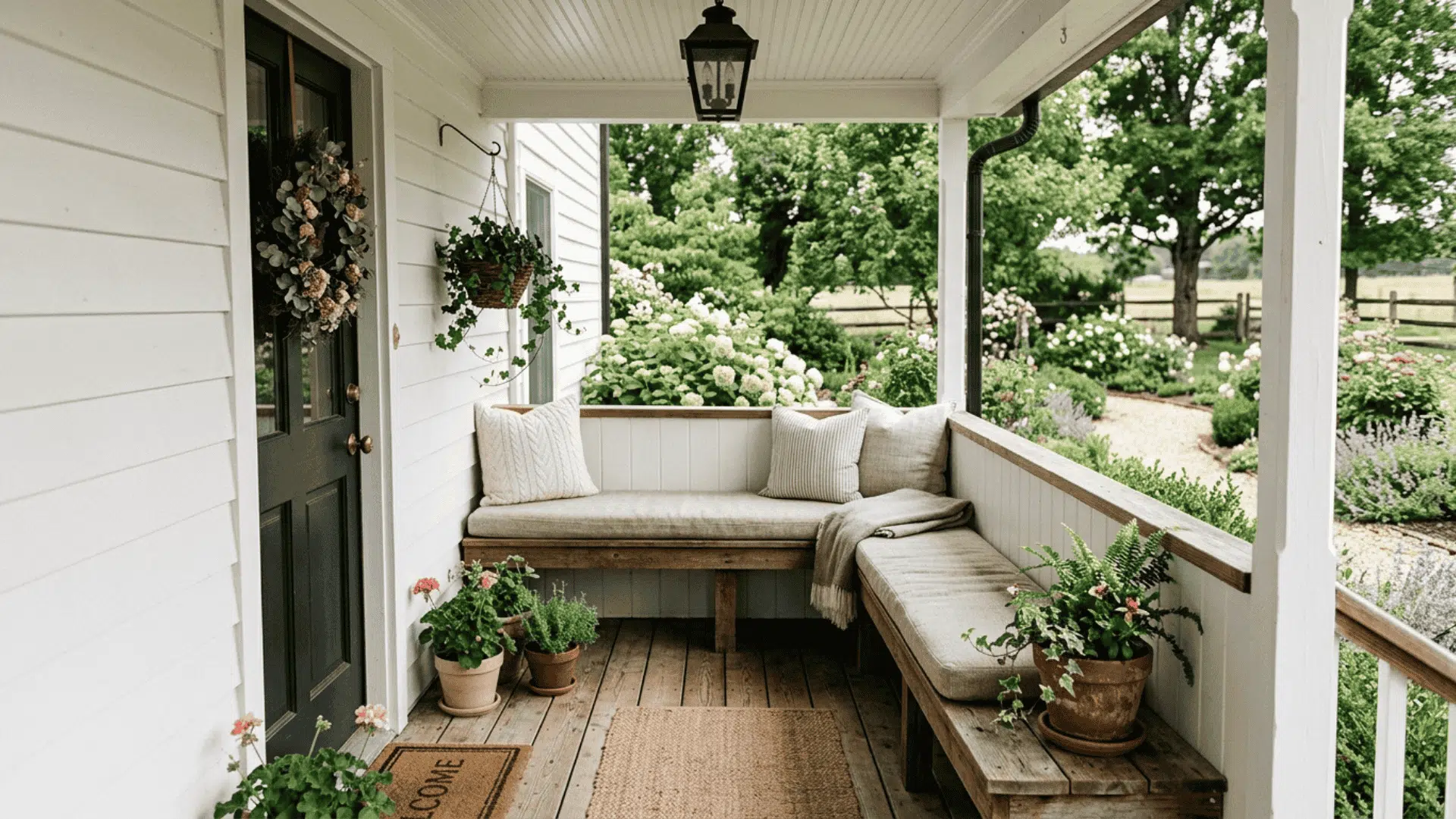 narrow farmhouse porch with built-in wooden bench topped with neutral cushions and small planter at one end