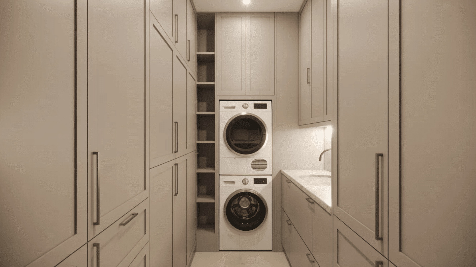 narrow laundry room with stacked washer dryer, slim cabinets, and vertical storage in a compact layout