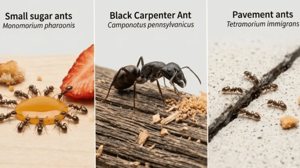 natural ant control remedies arranged on a kitchen counter, including vinegar spray, cinnamon sticks, cloves, baking soda, citrus, peppermint oil, bay leaves, coffee grounds, and dish soap solutio