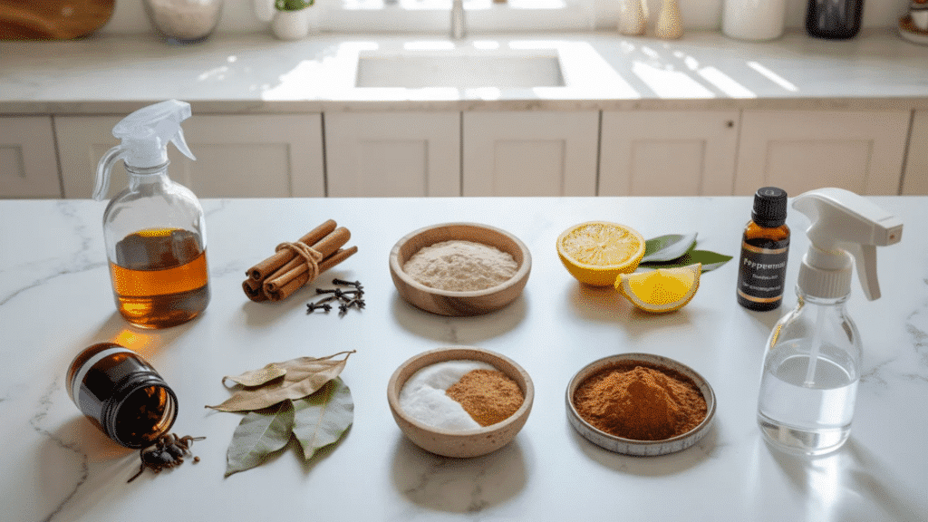 natural ant control remedies arranged on a kitchen counter, including vinegar spray, cinnamon sticks, cloves, baking soda, citrus, peppermint oil, bay leaves, coffee grounds, and dish soap solutio