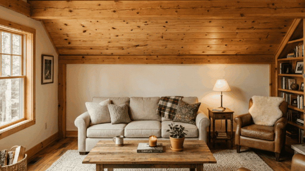 natural pine planks showcase warm wood tones and grain patterns, creating a cozy and welcoming ceiling design