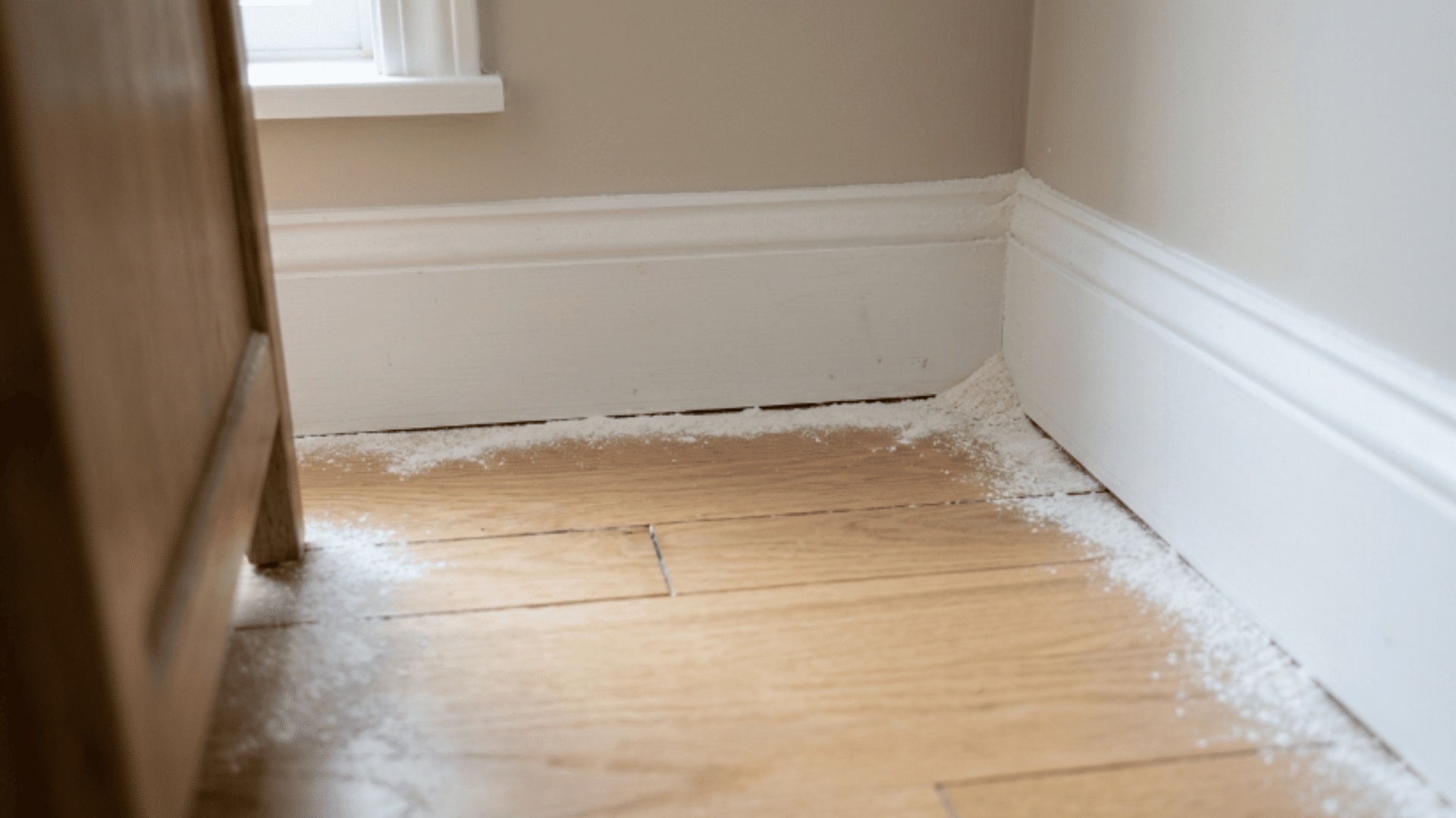 natural powder applied along baseboards and floor cracks near a wall