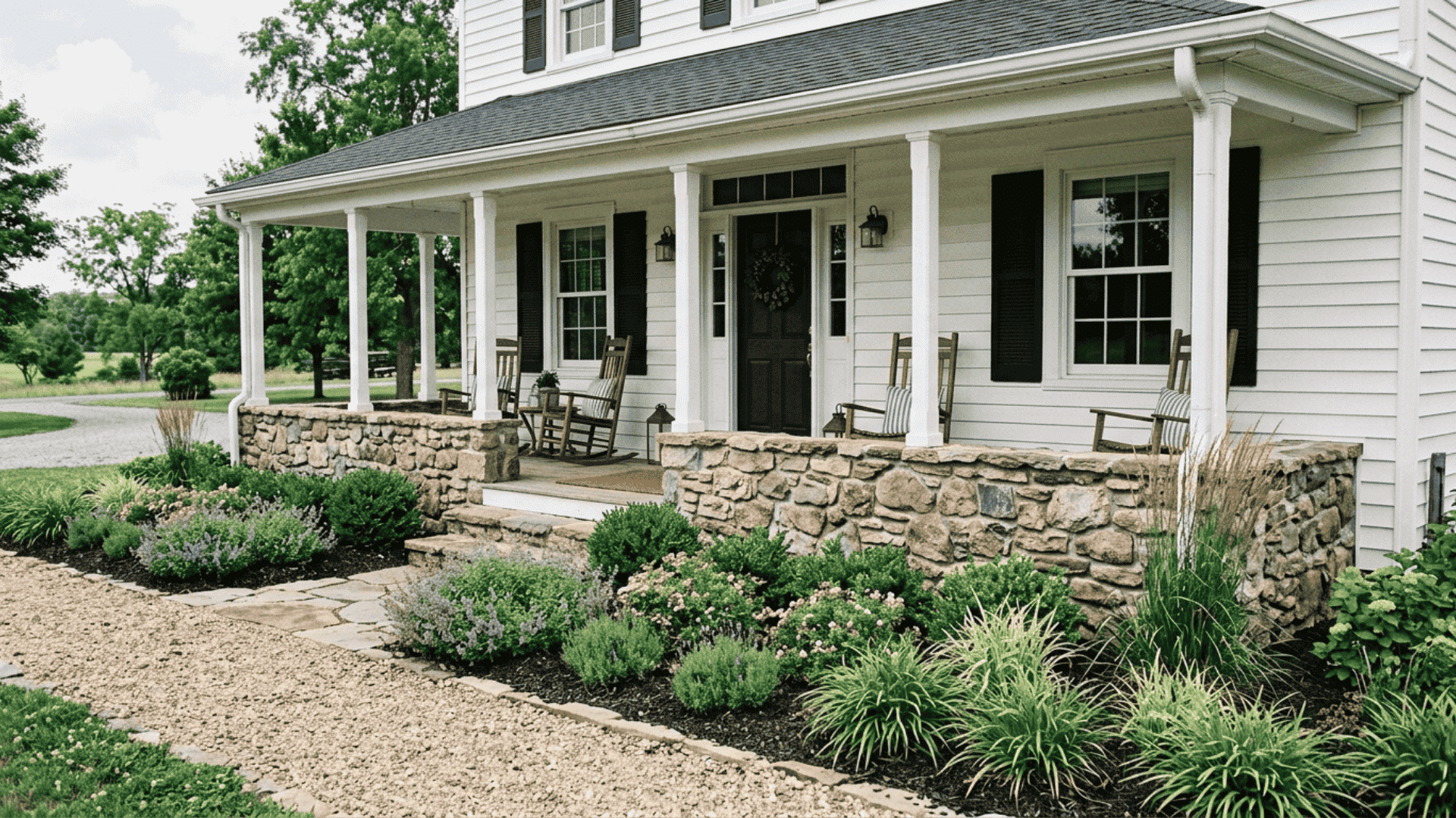 natural stone base along farmhouse front porch with low shrubs and ornamental grasses in soft daylight