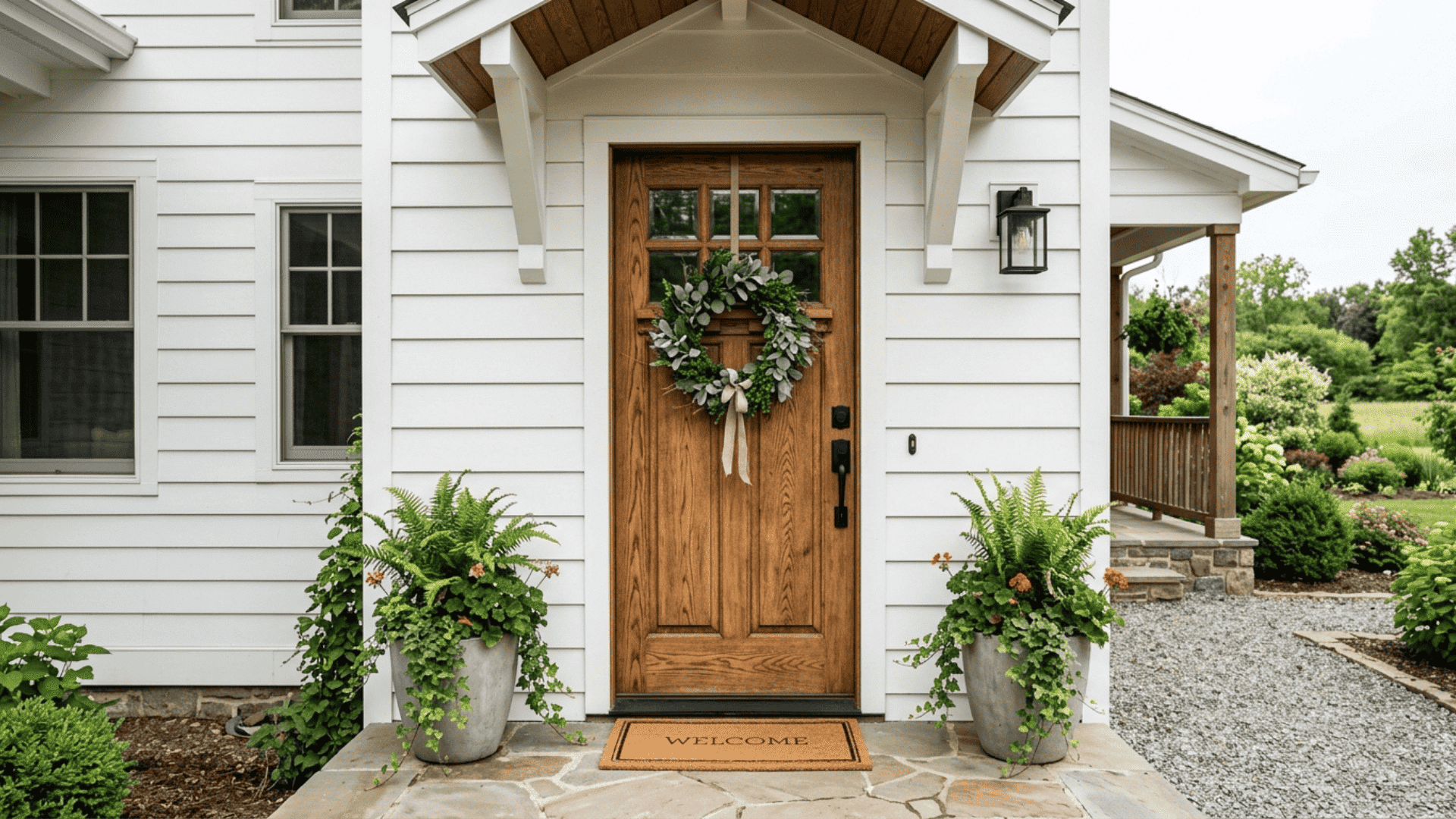 natural wood grain farmhouse front door with black hardware simple greenery wreath and neutral doormat in daylight