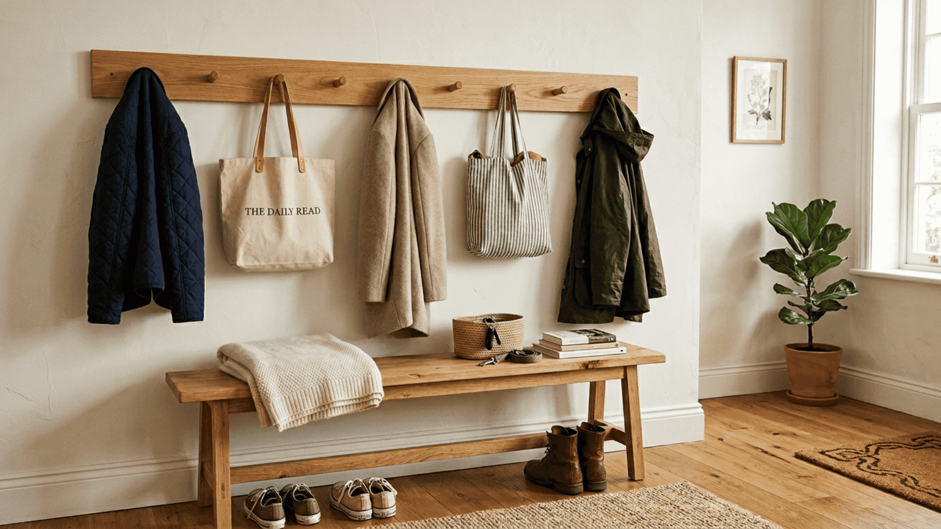 natural wood peg rail with evenly spaced pegs holding coats and tote bags mounted above a simple wooden bench