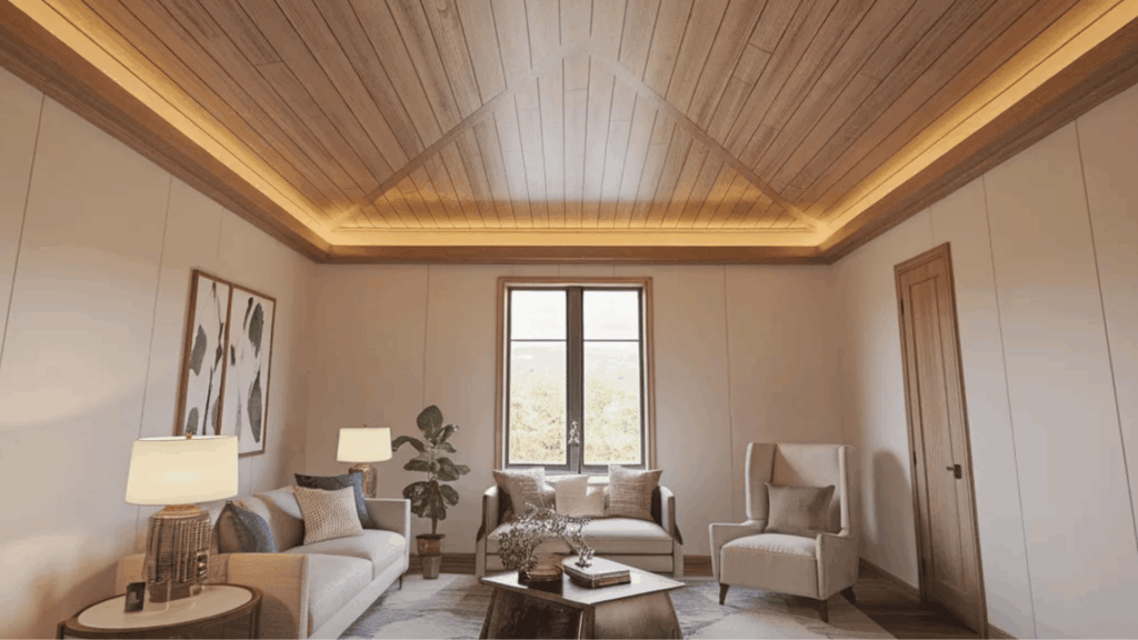 natural wood shiplap adds warmth and visible grain texture, creating a cozy ceiling that softens the room’s overall feel