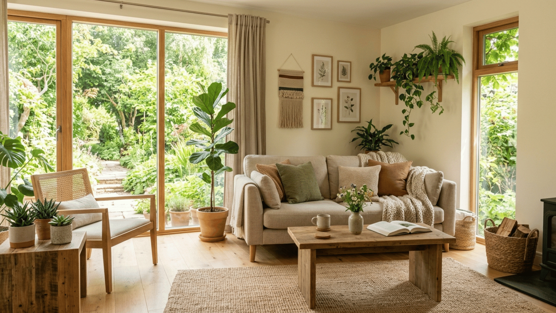 nature-inspired living room with plants, wood furniture, and large garden-facing windows.