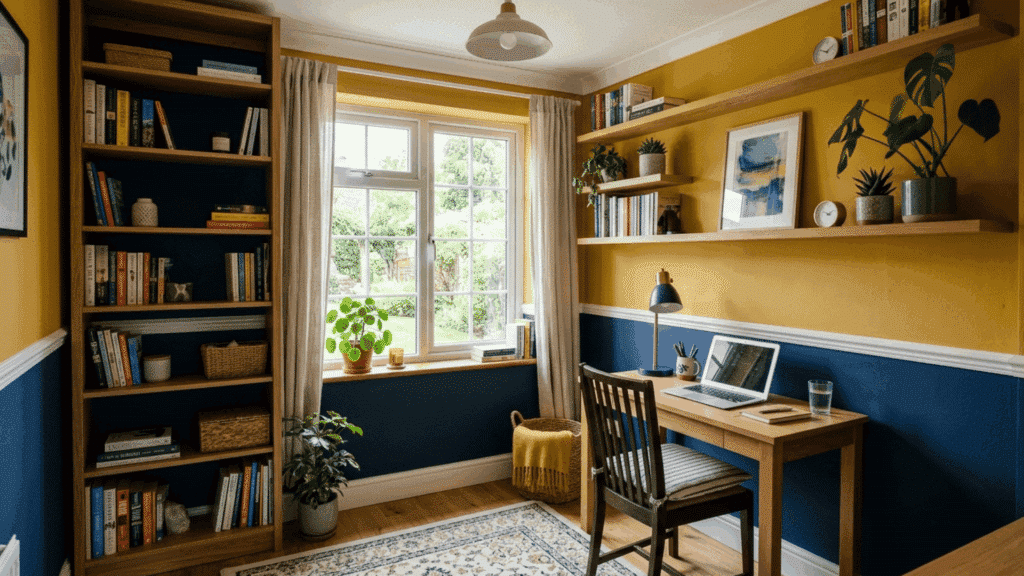 navy and mustard two tone wall with desk setup, shelves, books, and plants in a cozy home office space