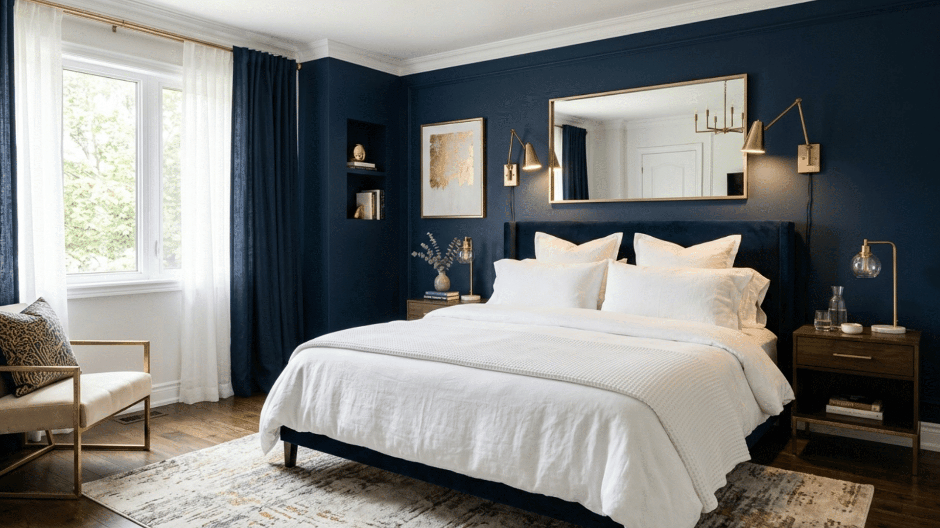 navy bedroom with white bedding and gold accents clean modern look