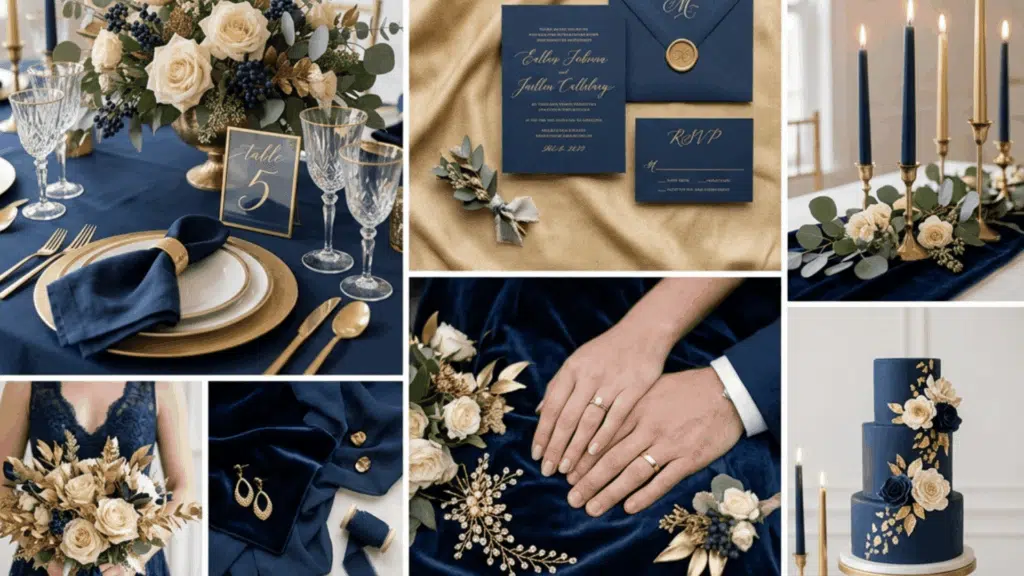 navy blue and gold wedding color scheme collage with elegant table decor candles and details