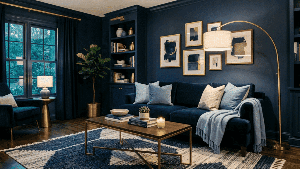 navy blue living room with deep blue sofa, brass lamp, and light blue pillows