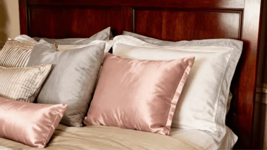 neatly arranged bed with soft satin and cotton pillows in neutral tones against a wooden headboard in cozy bedroom setting