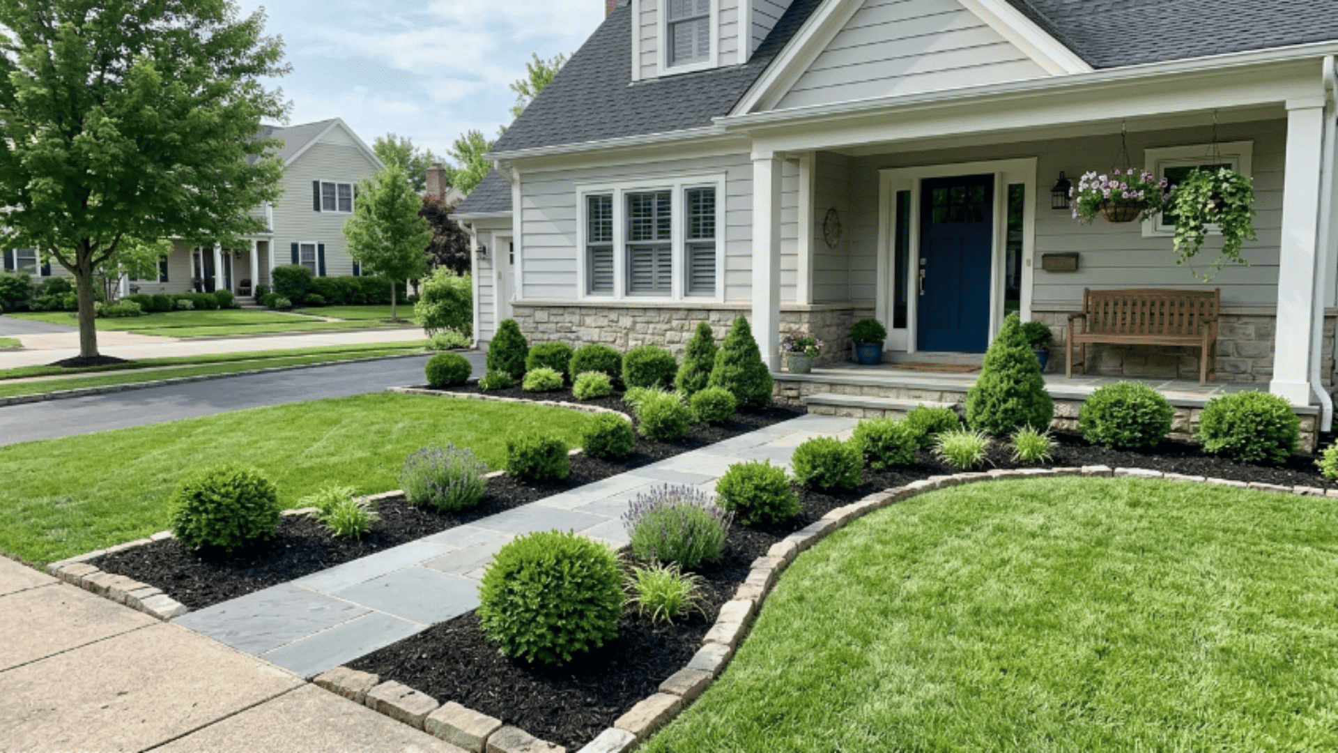neatly edged front yard with shrubs, mulch beds, and a clean pathway, showing organized and low-maintenance landscaping