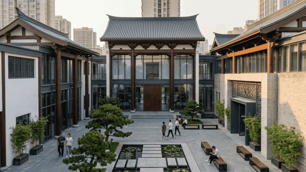neo-traditional Chinese courtyard with modern materials and classic wooden structure elements.
