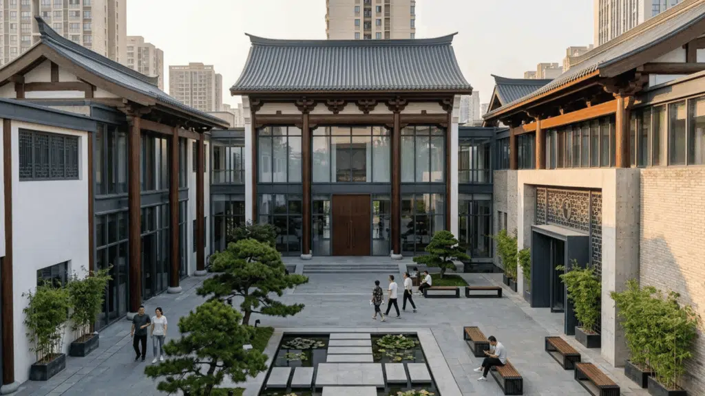 neo-traditional Chinese courtyard with modern materials and classic wooden structure elements.