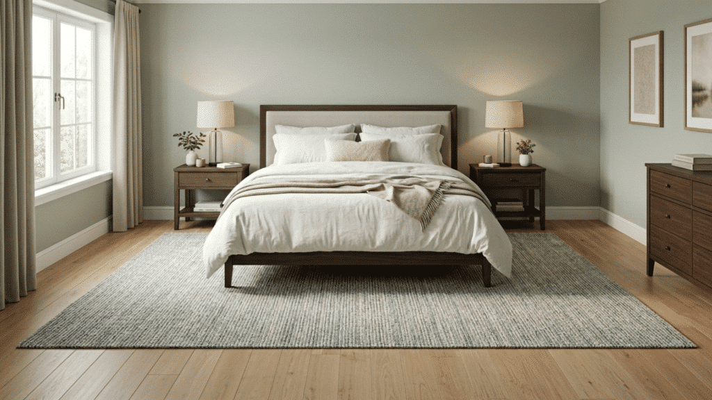 neutral bedroom with king bed and oversized rug covering full floor space.