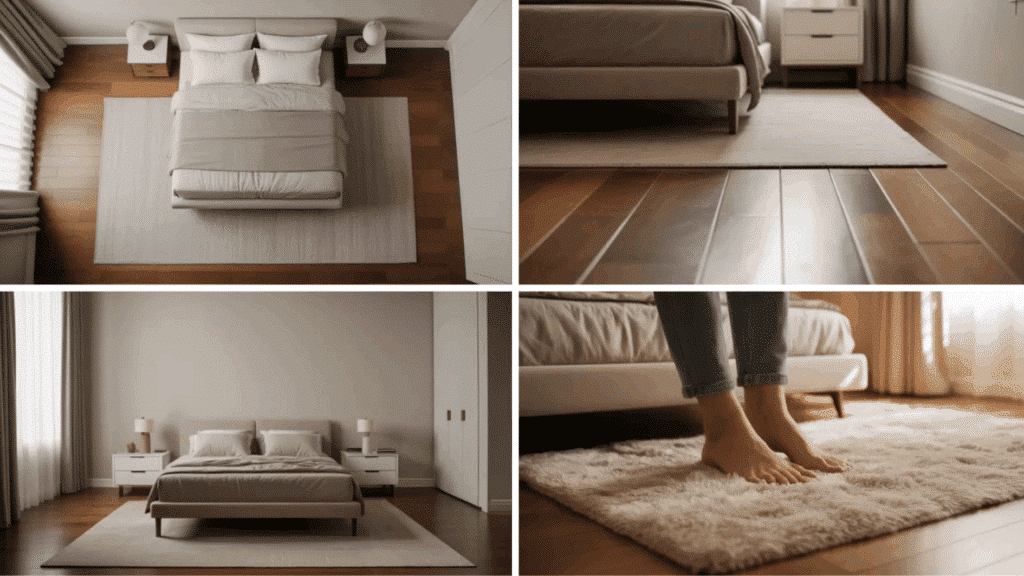 neutral bedroom with wooden floors, soft area rug, and modern bed setup, highlighting cozy textures and minimalist interior design