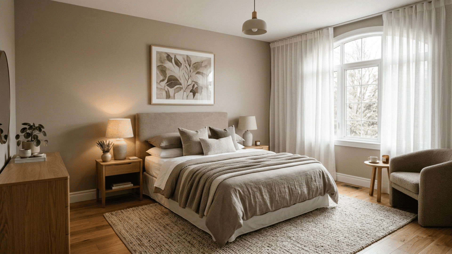 neutral beige bedroom with soft textures, simple decor, wooden furniture, and diffused daylight creating a calm setting