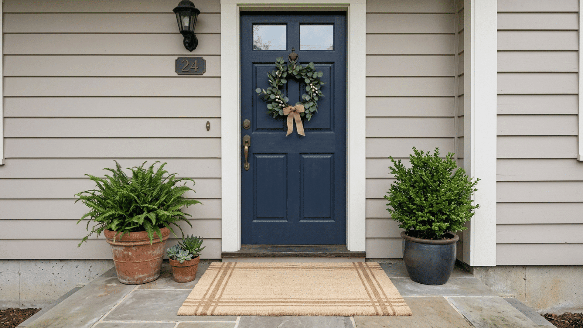 neutral doormat with simple pattern at a blue front door with potted plants.