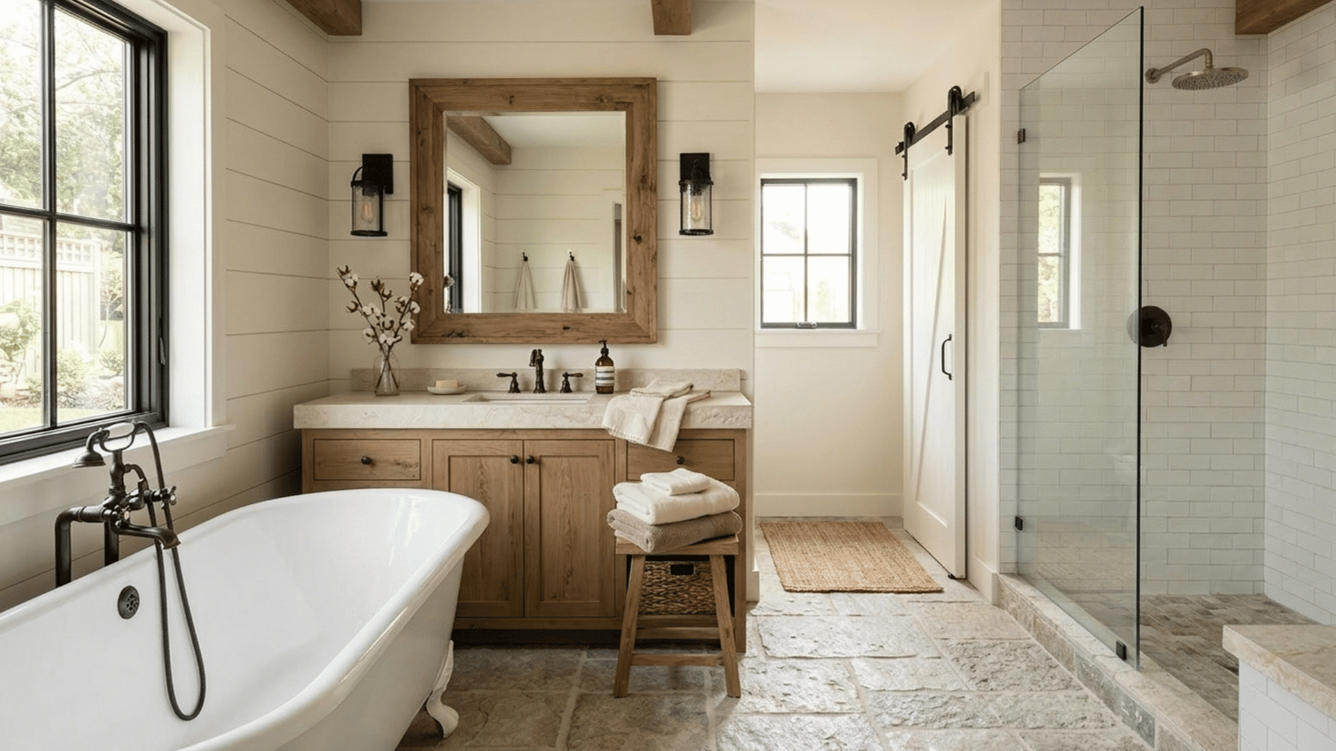 neutral farmhouse bathroom with wood vanity, round mirror, and greenery.