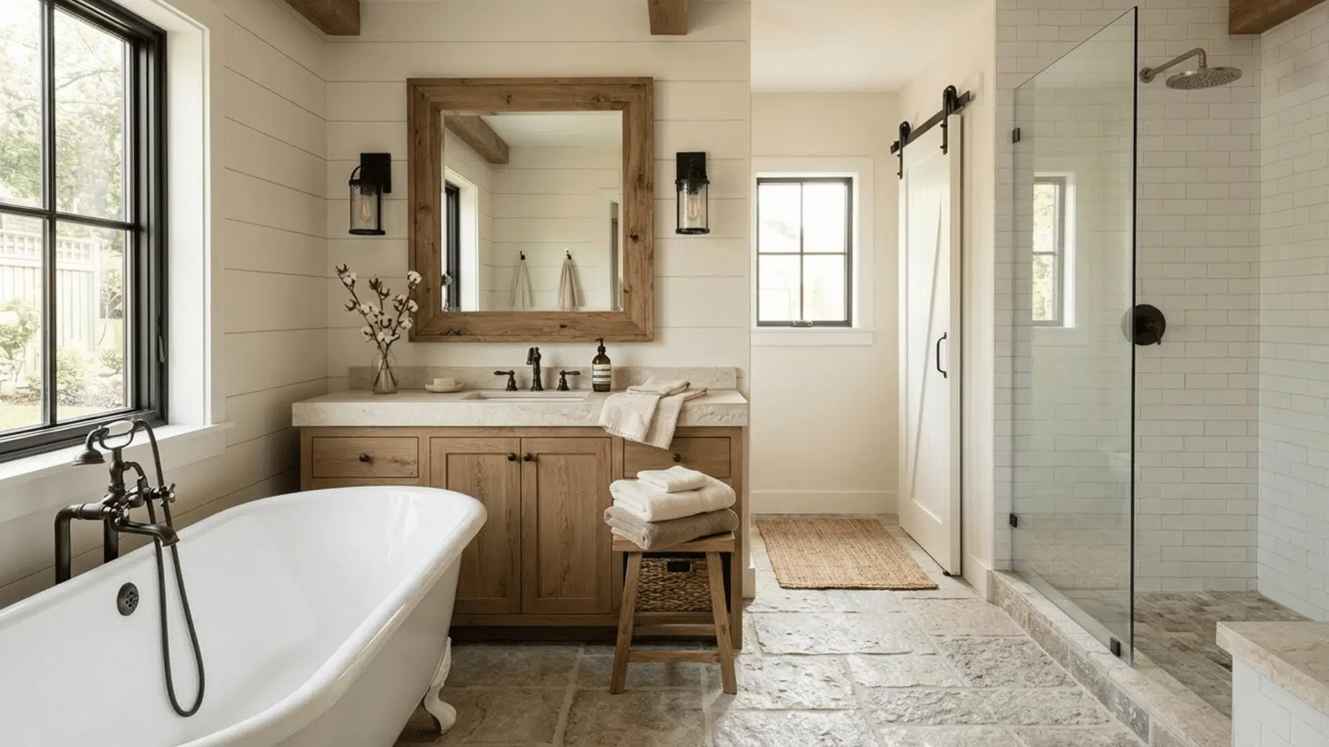 neutral farmhouse bathroom with wood vanity, round mirror, and greenery.