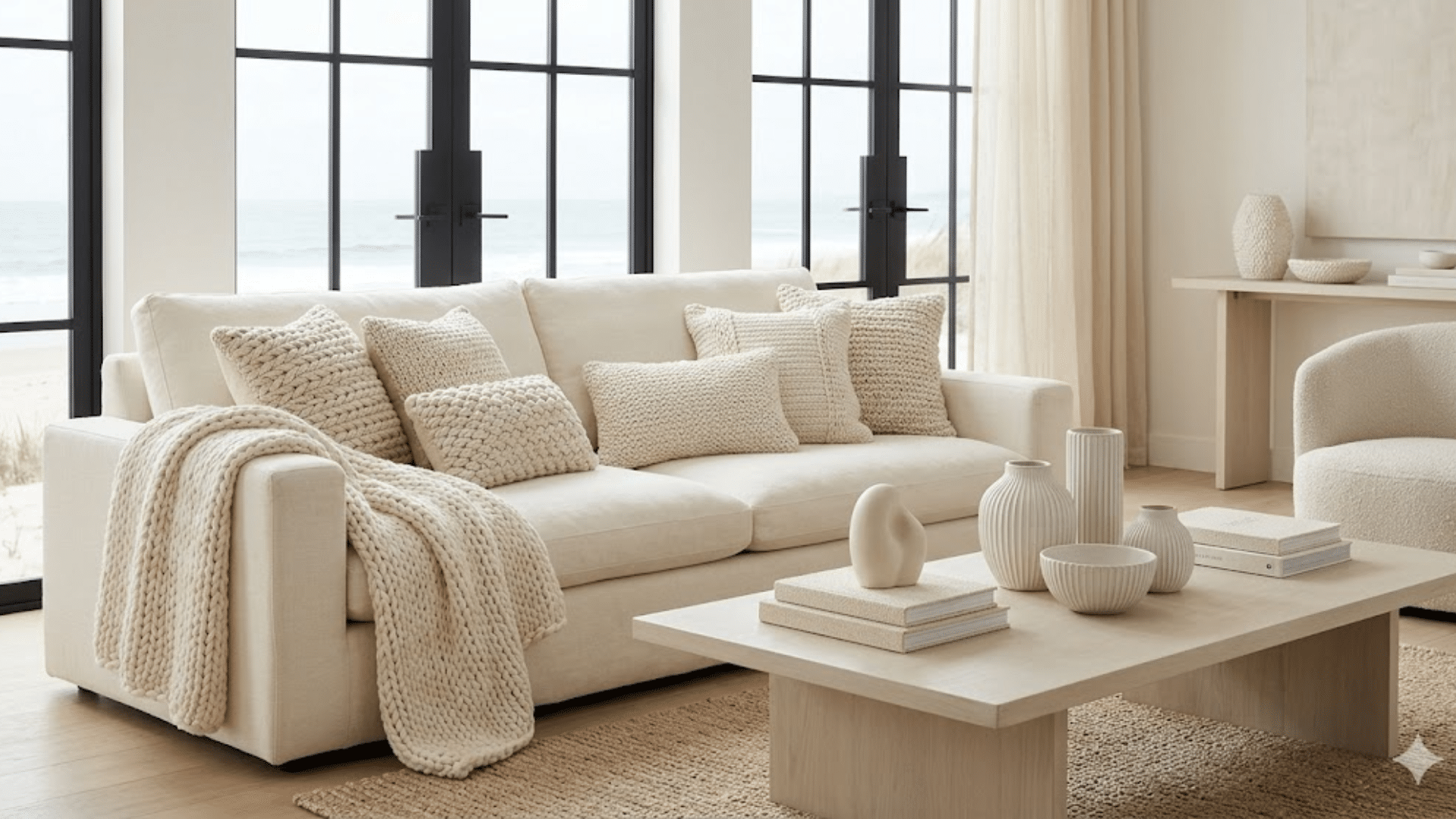 neutral living room with beige sofa textured pillows knit throw wooden table decor and large windows showing ocean view