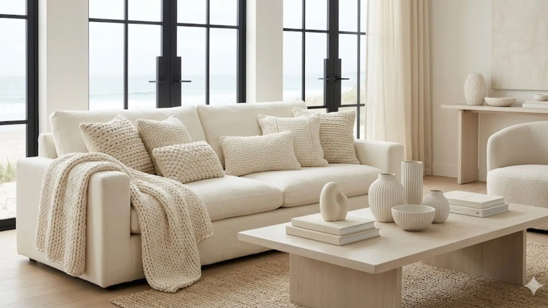 neutral living room with beige sofa textured pillows knit throw wooden table decor and large windows showing ocean view
