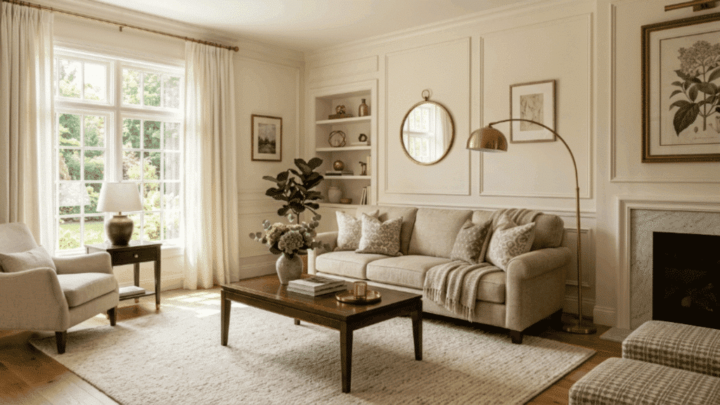 neutral living room with warm brass accents reflects natural light and creates a cozy balanced environment