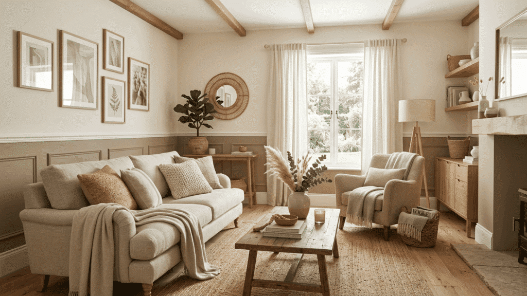 neutral living room with warm taupe lower wall and ivory upper wall styled with natural textures and simple accessories