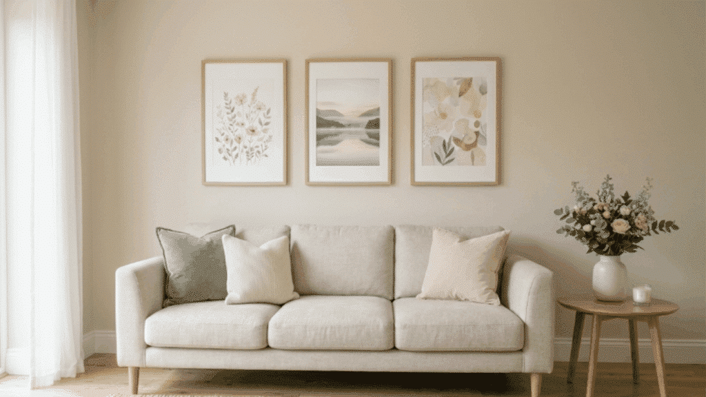 neutral toned living room with three framed artworks hung evenly above a sofa, showing balanced spacing and proper height for hanging pictures on wall