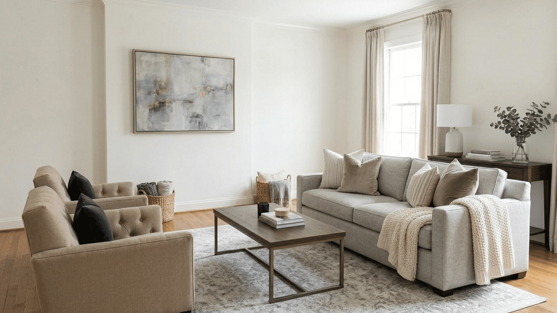 neutral transitional living room with modern sofa, soft textures, and minimal decor.