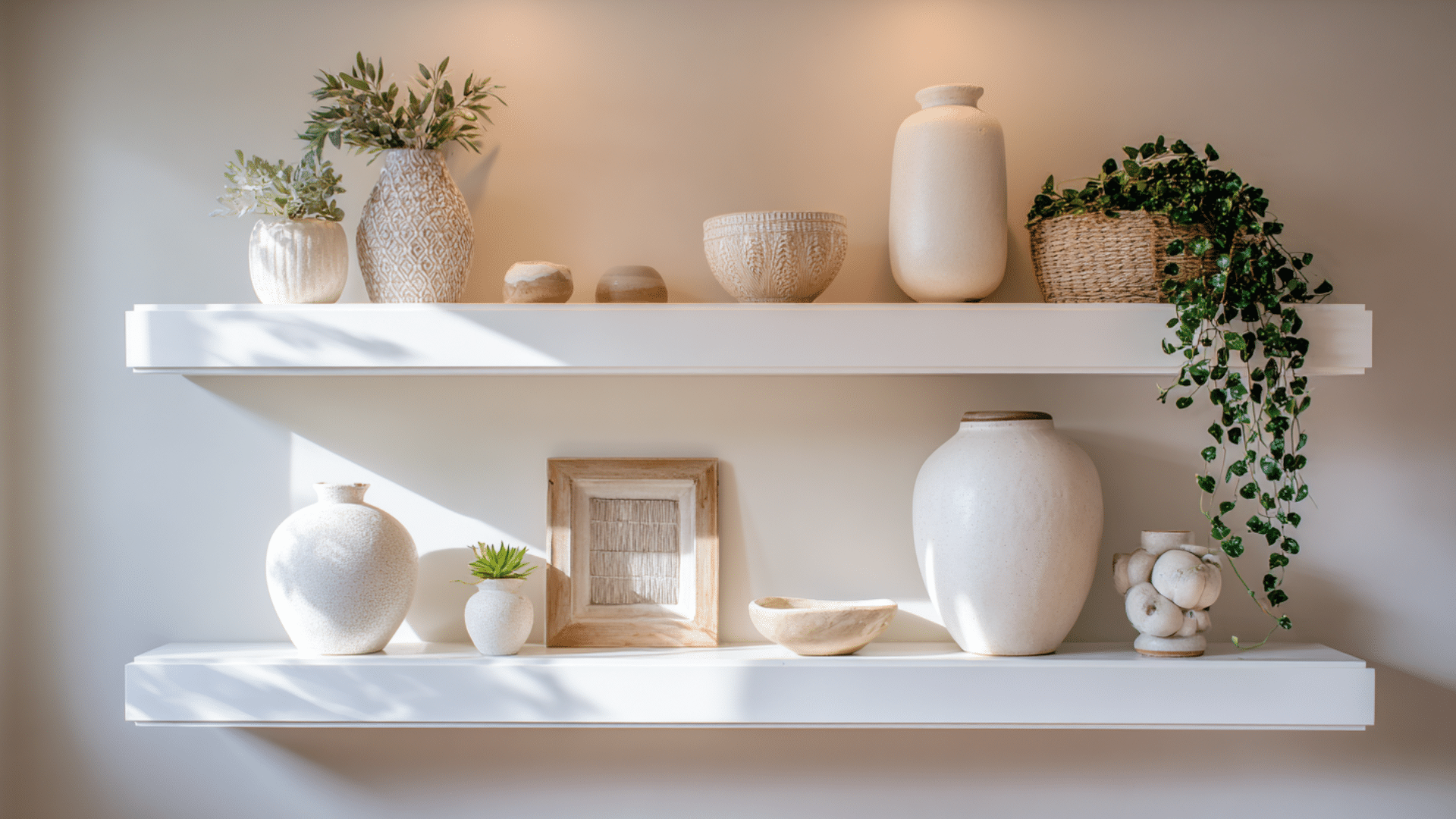 neutral wall shelves styled with ceramic vases woven basket trailing plant and decor pieces arranged in soft natural sunlight (1)