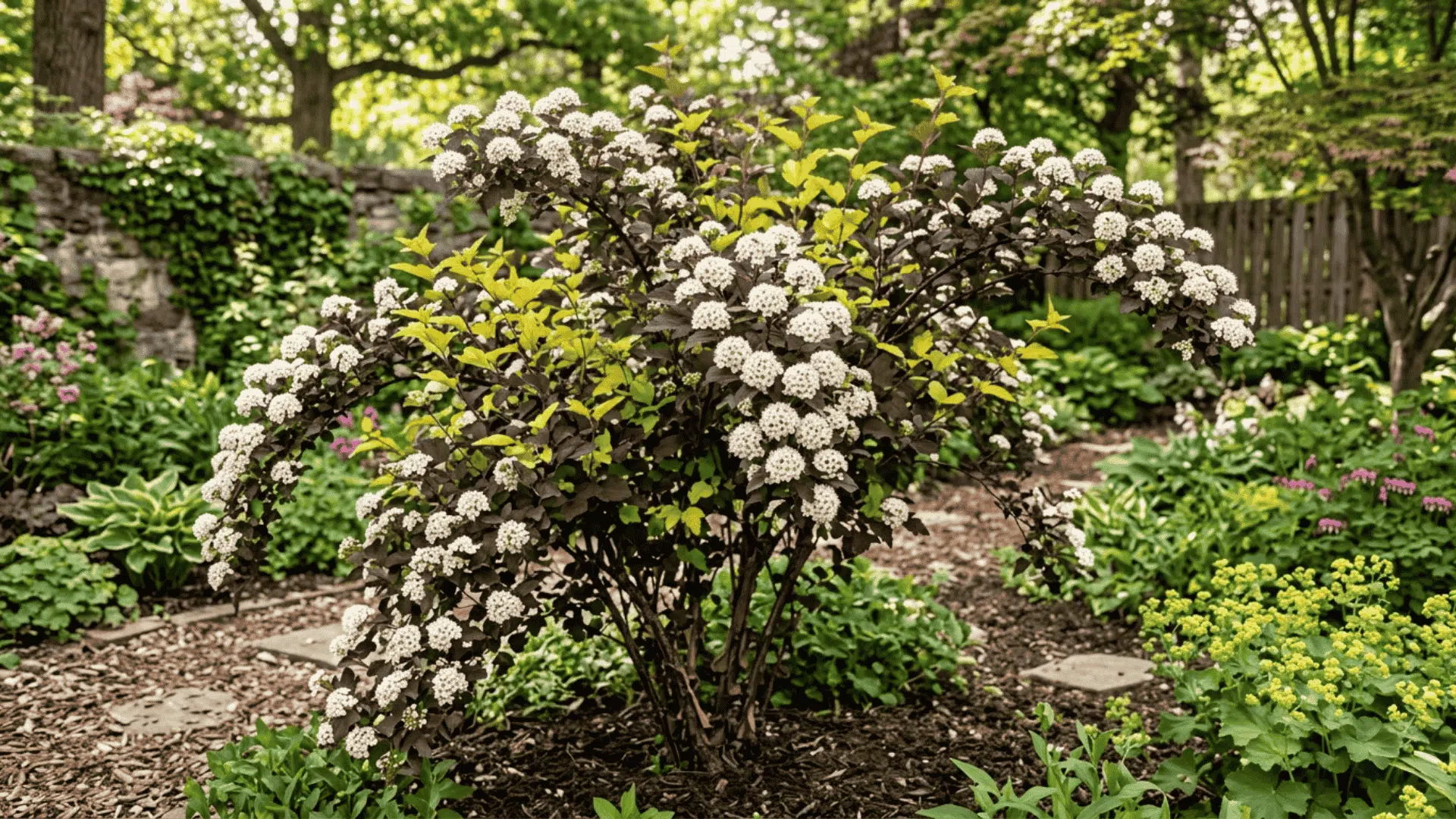 ninebark shrub with small white flower clusters and striking burgundy and gold foliage photographed in a late spring garden