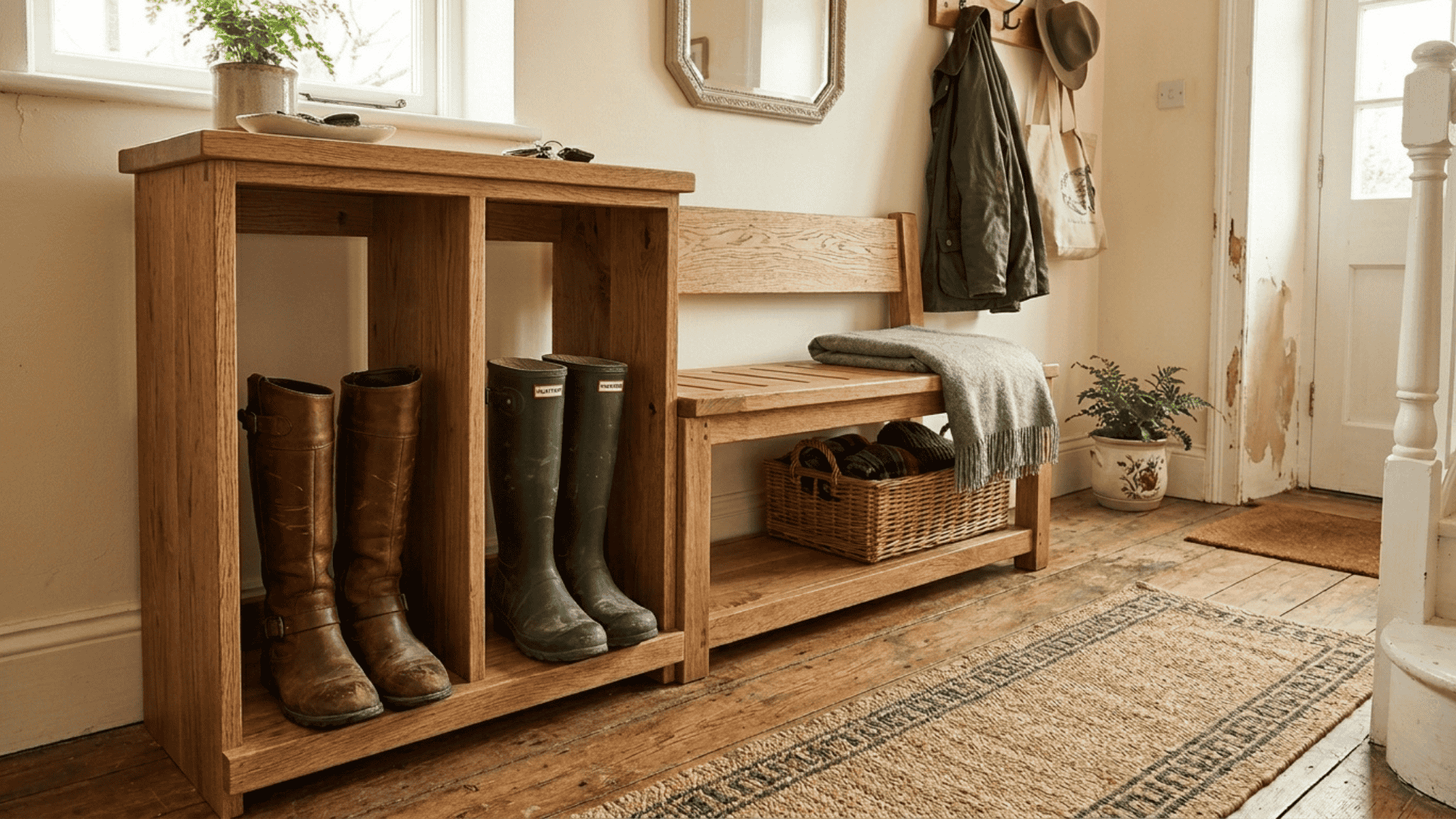 oak entryway bench with open vertical boot storage cubbies holding riding boots and rubber boots beside a slatted seat with wicker basket