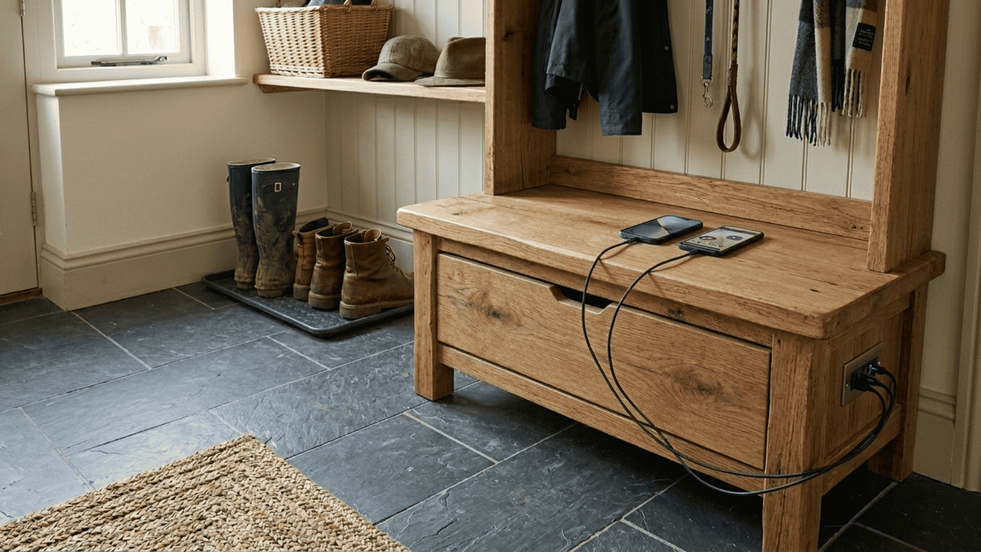 oak mudroom bench with charging cables and phones on top beside a boot tray with rubber boots on dark slate tile floor
