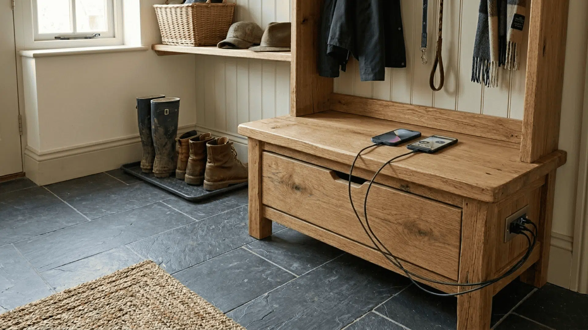 oak mudroom bench with charging cables and phones on top beside a boot tray with rubber boots on dark slate tile floor