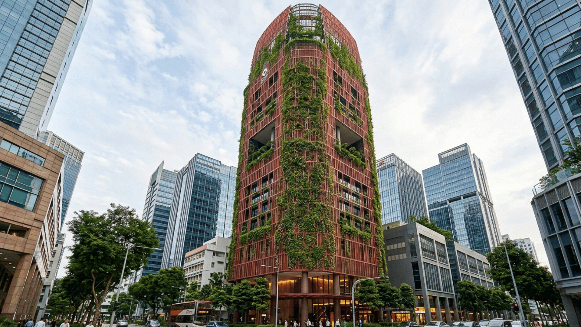 oasia Hotel Downtown covered with vertical greenery in urban setting.