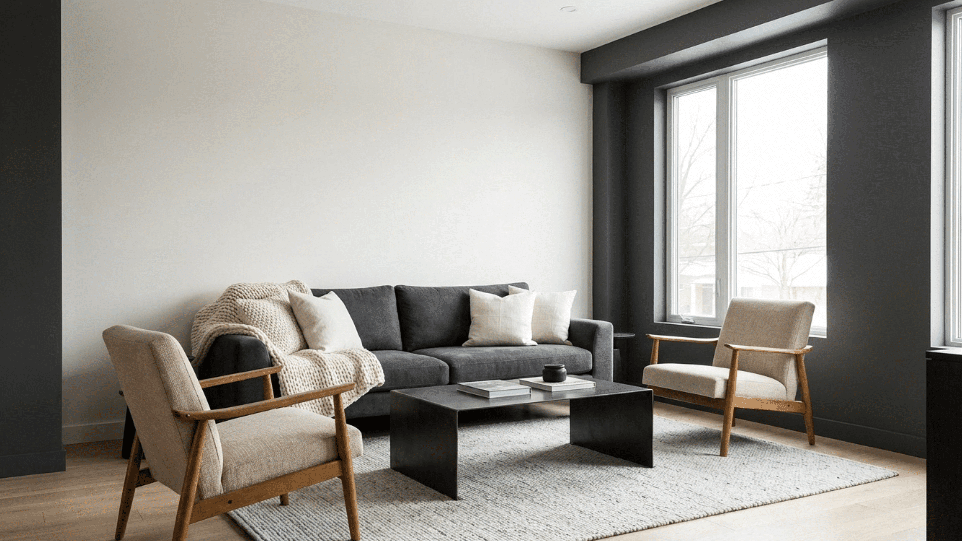 off-white and charcoal living room with modern furniture and contrast.