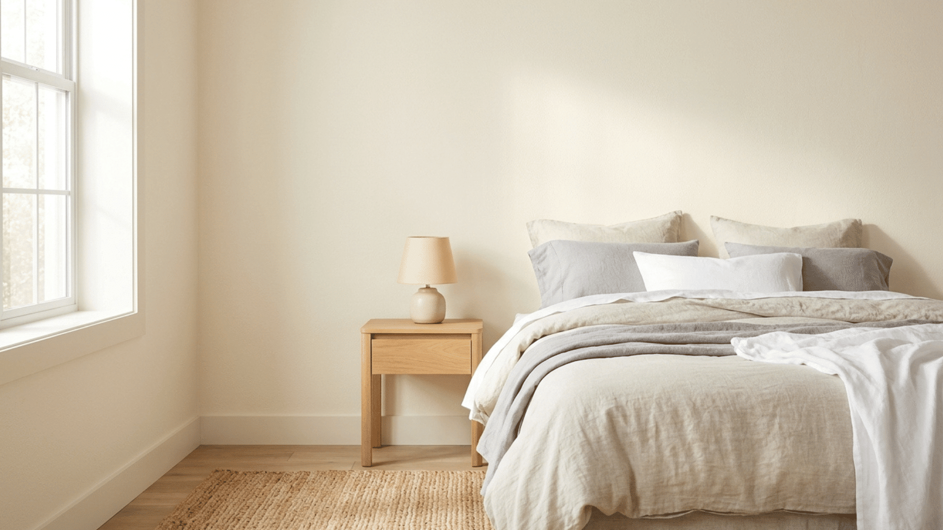off-white cream bedroom with soft tones, natural light, and warm open space.