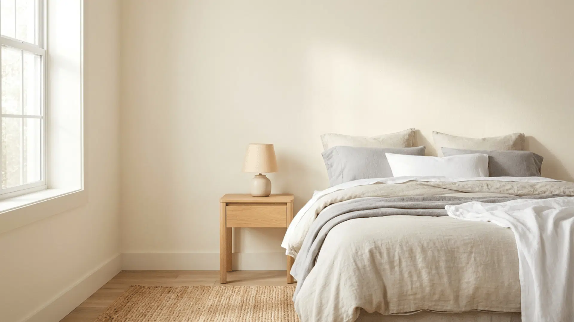 off-white cream bedroom with soft tones, natural light, and warm open space.
