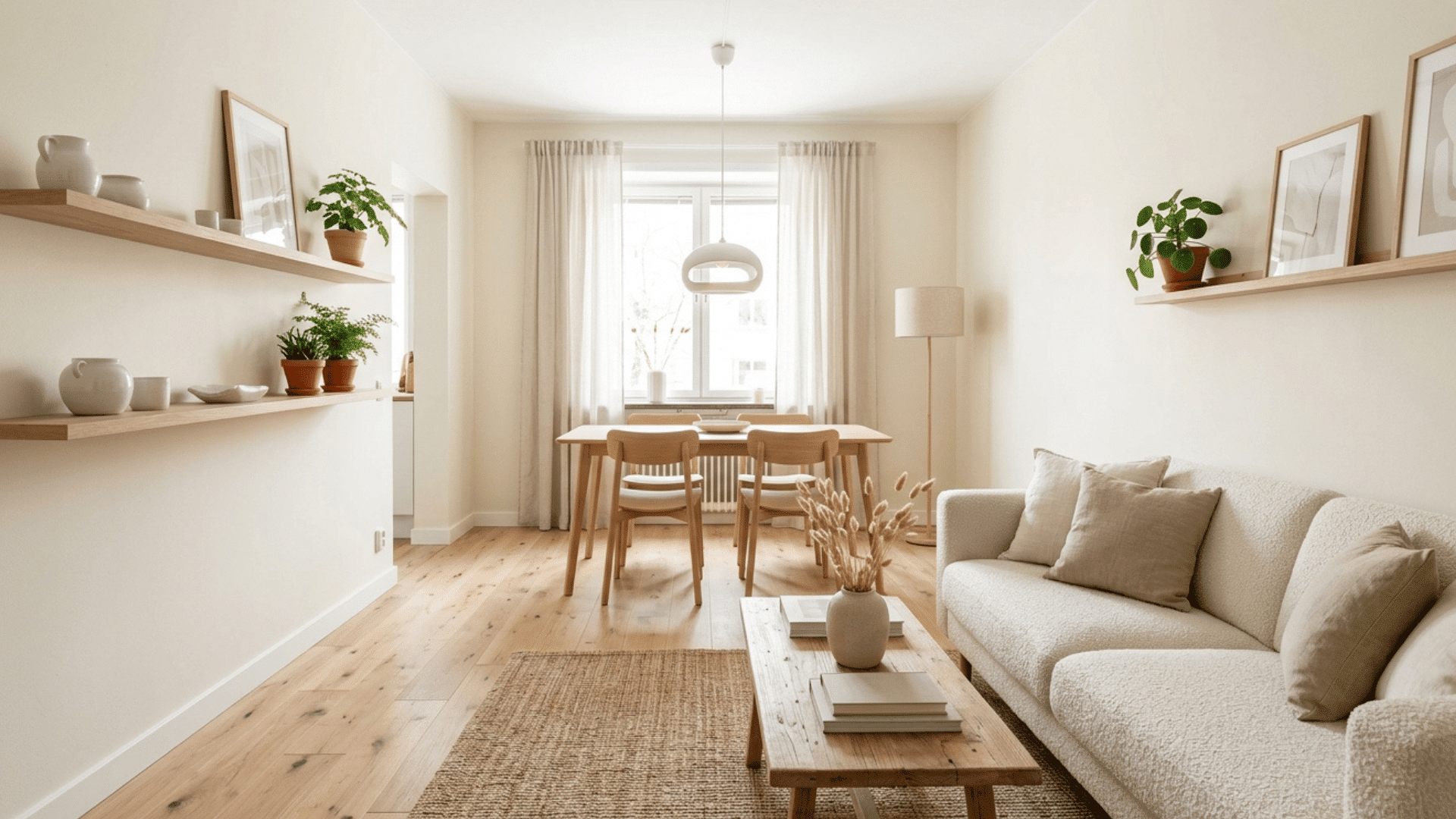 off-white living room with natural wood furniture and soft neutral tones.
