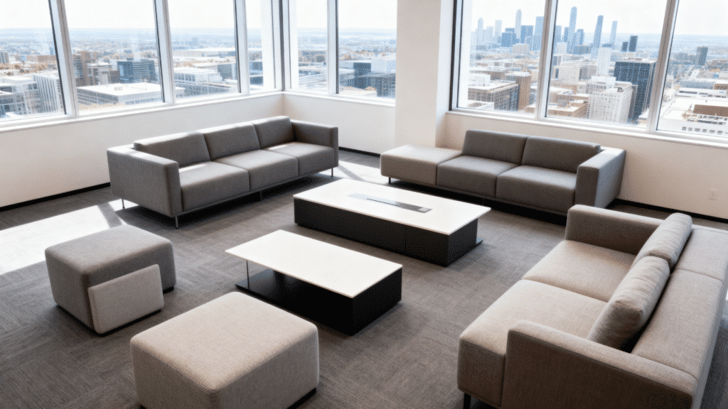 office lounge area with sofas and low tables in open modern space with large windows and relaxed seating setup