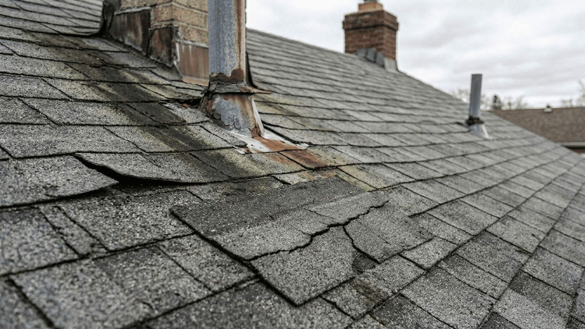 old roof with cracked and worn shingles indicating age-related leak issues.